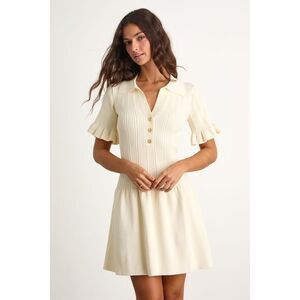 Lulus Yavina Cream Collared Skater Sweater Mini Dress White - Size S
